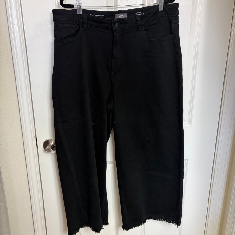 DL1961 Hepburn High Rise Wide Leg Jeans Ashwell Black Raw Hem 22W